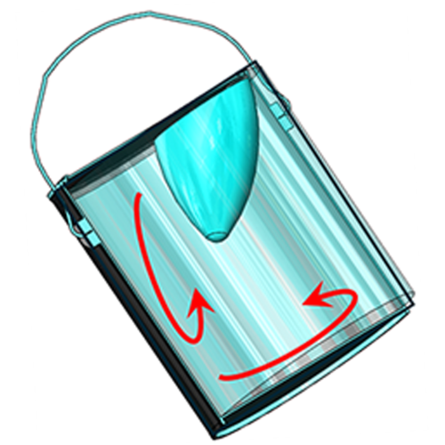 Transparent paint can illustration with red arrows showing circular vortex mixing motion, highlighting how vortex mixers create a whirlpool effect to blend tints and base paint thoroughly and eliminate unmixed pockets.