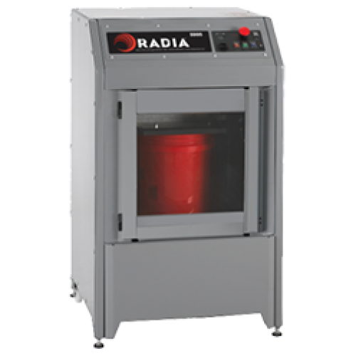 Radia Agitar paint mixer with enclosed design, shown mixing a 5-gallon red paint bucket inside its transparent front-loading chamber.