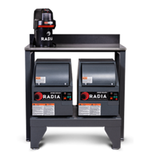 Dual Speed Demon paint mixers by Radia mounted on an Ergo Base stand, designed for ergonomic access and efficient paint mixing in high-volume environments.