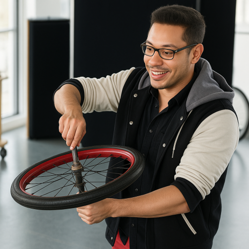 Person holding a spinning bicycle wheel by its axle to demonstrate gyroscopic motion, with the wheel tilted and rotating, illustrating angular momentum.