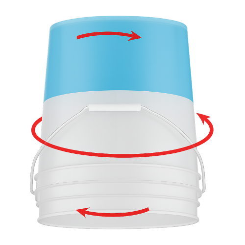 Upside-down bucket with blue liquid, rotating along multiple axes marked by red arrows, demonstrating gyroscopic mixing, where simultaneous multi-axis motion ensures consistent agitation throughout the entire volume for a thorough, even blend.