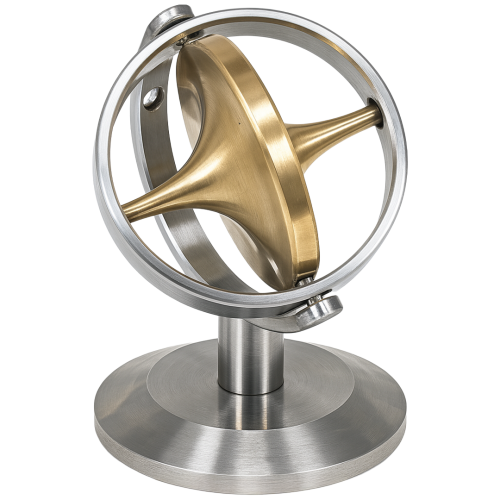 Metal gyroscope with a brass central rotor mounted on a stainless steel base, featuring concentric rings allowing free rotation in multiple axes.