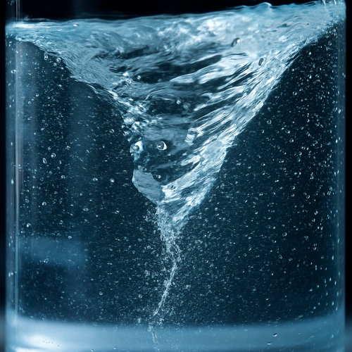 A high-definition photo of a swirling water vortex inside a clear container, with bubbles suspended throughout and crisp blue lighting highlighting the spiral motion.