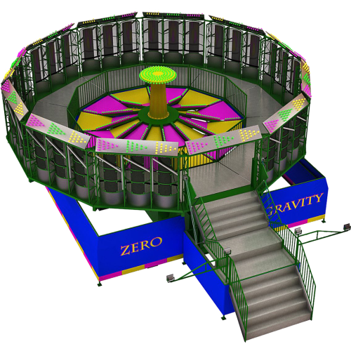 A 3D-rendered model of a Zero Gravity amusement ride, featuring a circular green structure with upright padded panels, colorful lights, and a central spinning column. The ride includes a staircase leading to the platform and bright blue panels labeled “Zero Gravity.”